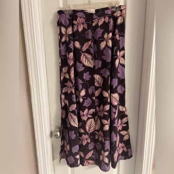 Long button-up skirt with purple, pink & cream colored leaves print; women’s 14 - Picture 1 of 4